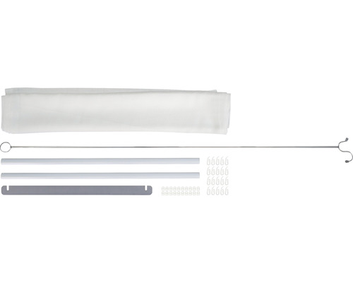 Komponenten für ein Insektenschutzrollo mit Stoff, Stange, Beschwerung, Haken und Kordel