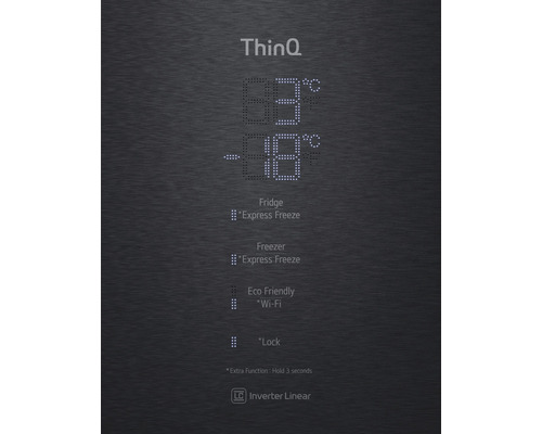 ThinQ Anzeige mit Kühlschrank- und Gefrierschranktemperatur, Express Freeze, Eco Friendly, WLAN und Sperrfunktion