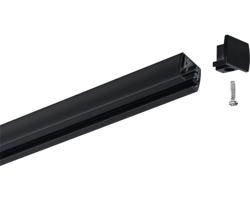 Schwarze Stromschiene mit Endkappe und Schraube