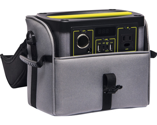 Tragbare Powerstation in grauer Tragetasche
