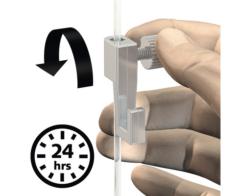 Befestigung eines Bildaufhängers an einer Glasscheibe mit Drehbewegung, dargestellt mit einem 24 Stunden Symbol