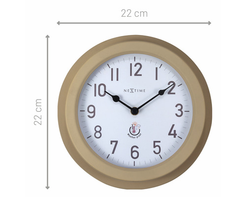 Wanduhr mit einem Durchmesser von 22 cm und der Aufschrift wetterfest