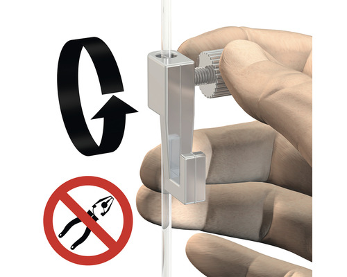 Person befestigt einen Bilderhaken an einer Bilderschiene. Kein Werkzeug Symbol.