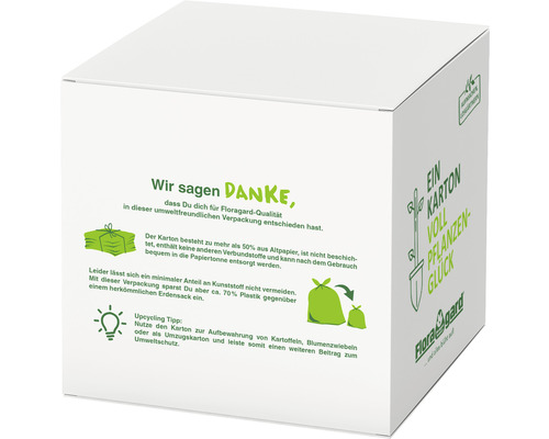 Pinienrinde 2-8 mm Floragard BOX 1x60L extrafeiner Absiebung Verpackungskarton aus Papier mit Aufdruck zur umweltfreundlichen Entsorgung.