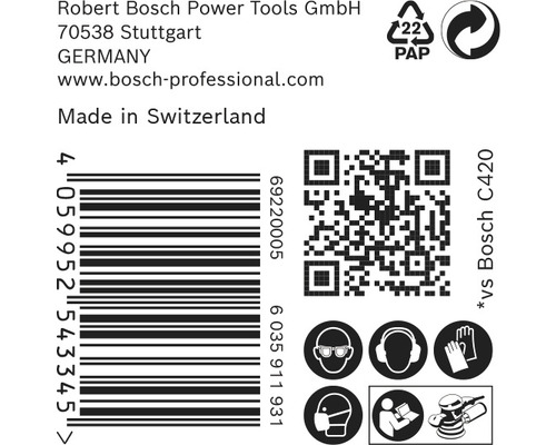 Informationen zu Robert Bosch Power Tools, Barcode, QR-Code und Sicherheitshinweise.