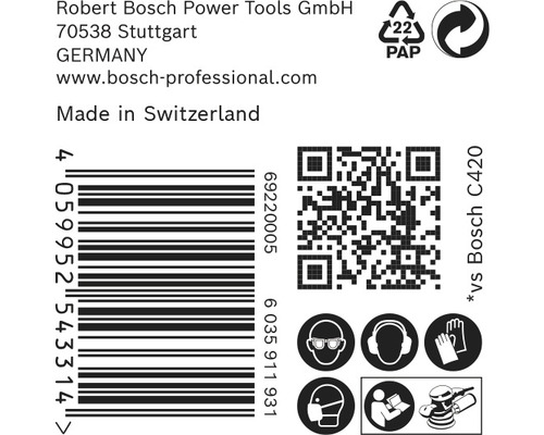 Produktverpackung mit Informationen zu Hersteller, Barcode, QR-Code und Sicherheitsvorkehrungen