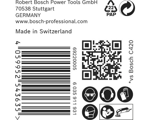 Informationen zu Robert Bosch Power Tools, Barcode, QR Code, Papierverpackung und Schutzsymbole