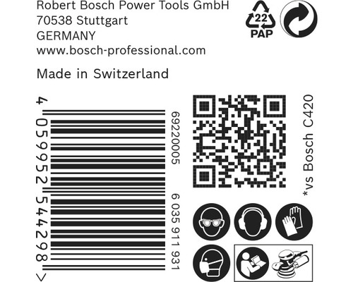 Informationen zu Robert Bosch Power Tools GmbH, Barcode, QR-Code und Sicherheitshinweise.