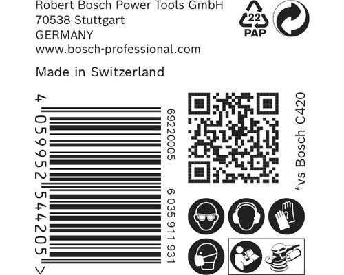 Produktverpackungsinformationen mit Barcode, QR-Code und Schutzhinweisen