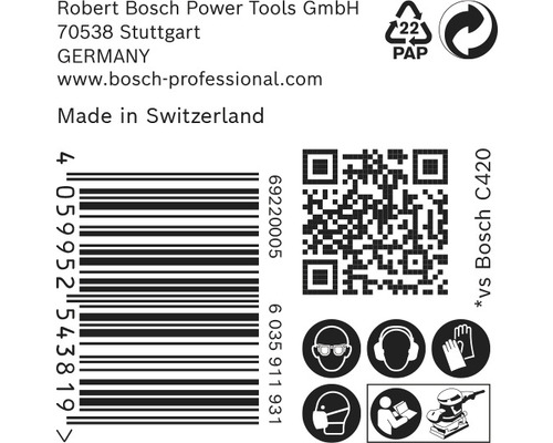 Informationen zu Robert Bosch Power Tools GmbH, Barcode, Recyclinghinweis, QR-Code und Sicherheitshinweise