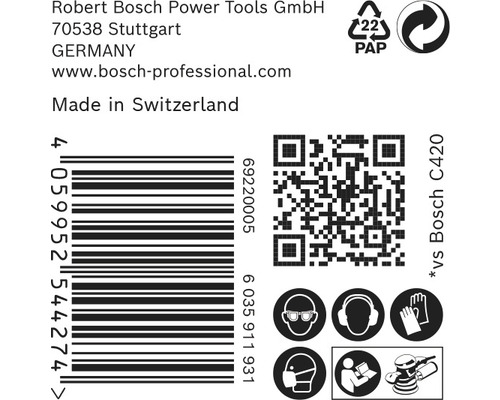 Informationen zu Robert Bosch Power Tools, Barcode, QR-Code, Recycling-Symbol, Schutzhinweise