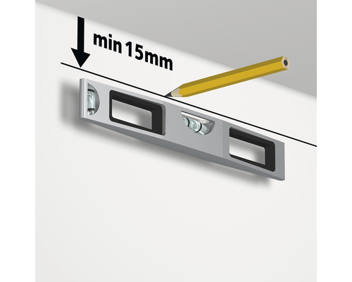 Illustration einer Wasserwaage, die mit einem Bleistift an einer Wand ausgerichtet wird, mit der Angabe eines Mindestabstands von 15 mm.
