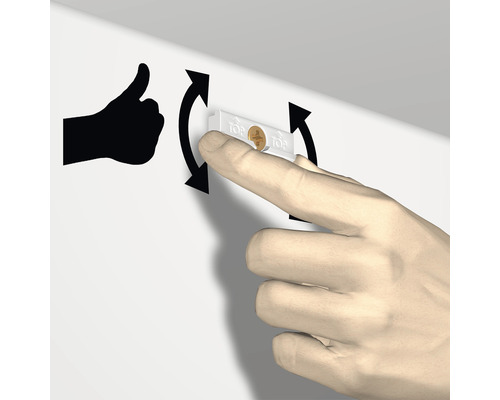 Darstellung einer Montageanleitung für einen Dübel mit einer Hand, Pfeilen und einem Daumen hoch.