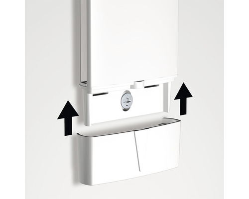 Montageanleitung für einen weißen Papierhandtuchspender mit Pfeilen, die die Bewegung der Teile anzeigen.