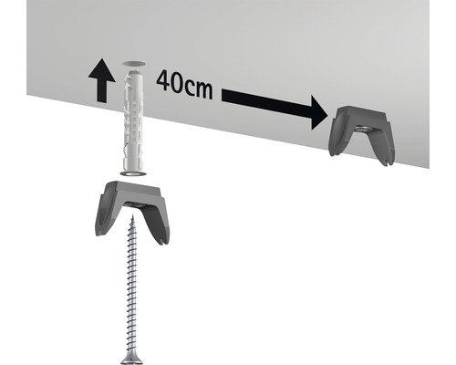 Illustration der Montage eines Halters mit Schraube und Dübel im Abstand von 40 Zentimetern.