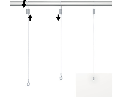 Bilderaufhängesystem mit Seilen und Haken zur Befestigung an einer Schiene