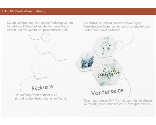 Produktbeschreibung Cut-Out: Aufhängesystem mit Klebepunkten und Motive mit Pflanzen auf Hartschaumpaneel gedruckt