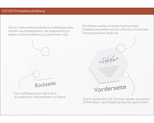 Produktbeschreibung Cut-Out: Rückseite mit Klebepunkten zur Anbringung, Vorderseite mit Schriftzug Zuhause.