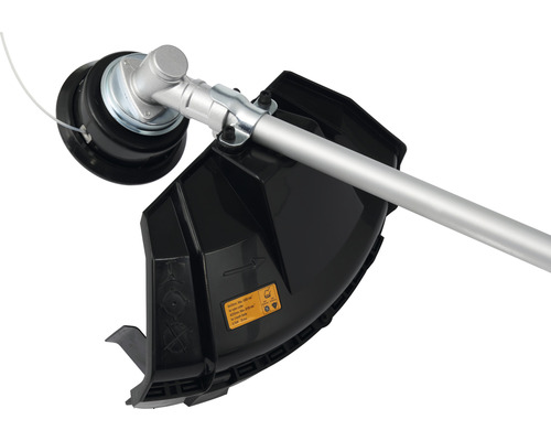 Detailansicht eines Rasentrimmers mit Schneidfadenkopf und Schutzvorrichtung