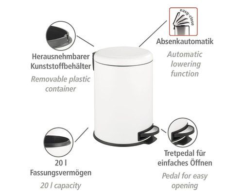 Weißer Tretabfalleimer mit 20 Liter Fassungsvermögen und herausnehmbarem Kunststoffeinsatz