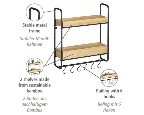 Wandregal mit zwei Ablageflächen aus Bambus und sechs Haken an einer Metallstange