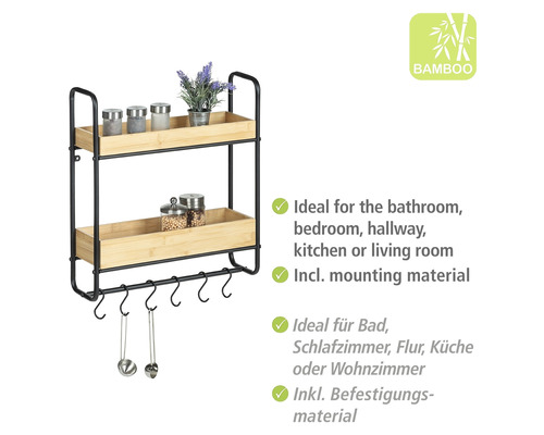 Wandregal mit zwei Ablagen, Haken und Bambuselementen