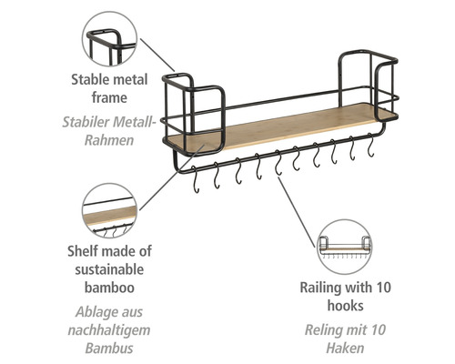 Wandregal mit Metallrahmen, Bambusablage und zehn Haken