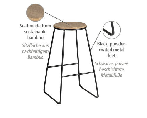 Barhocker mit Sitzfläche aus Bambus und Metallgestell