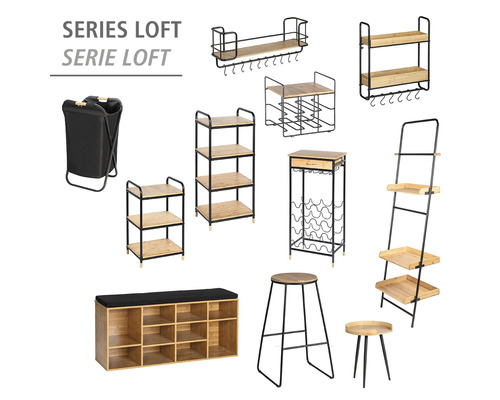 Kollektion von Möbeln der Serie Loft: Regale, Hocker, Weinregal und Wäschekorb.