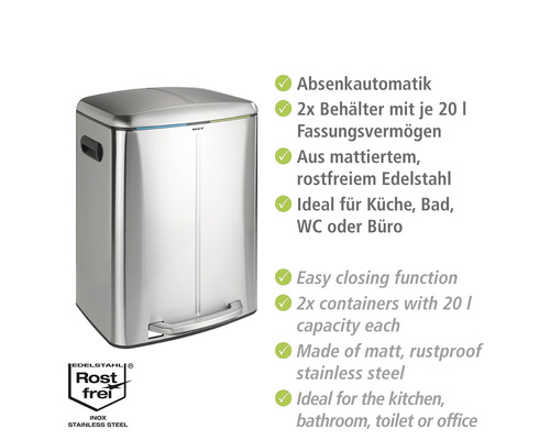 Treteimer aus Edelstahl mit zwei Behältern und Absenkautomatik