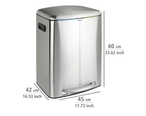 Mülleimer aus Edelstahl mit Fußpedal und den Maßen 60 mal 45 mal 42 Zentimeter