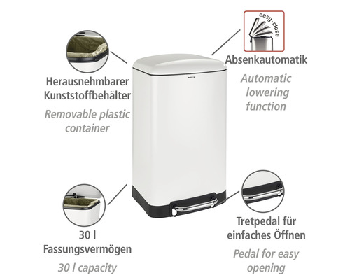 Weißer Treteimer mit 30 Litern Fassungsvermögen und Absenkautomatik