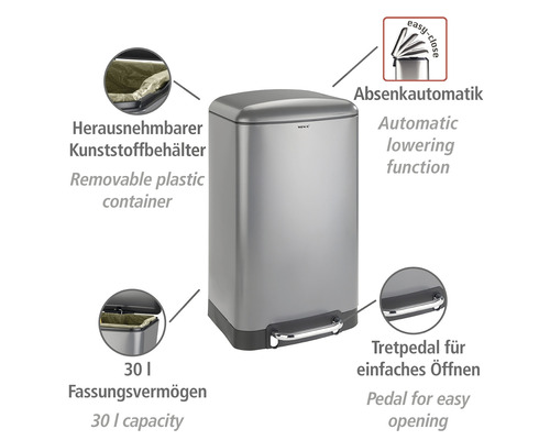 Treteimer aus Stahl mit herausnehmbarem Kunststoffeimer und 30 Liter Fassungsvermögen