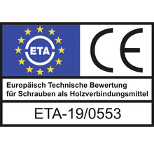 Europäische Technische Bewertung für Schrauben als Holzverbindungsmittel mit CE Kennzeichnung und ETA-19/0553