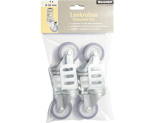 Wagner Lenkrollen Komplettset, vier Lenkrollen mit 50 Millimeter Durchmesser im Kunststoffbeutel