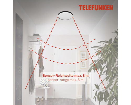Telefunken Logo. Raumansicht mit Deckenleuchte und roter Markierung für die maximale Sensorreichweite von 8 Metern.