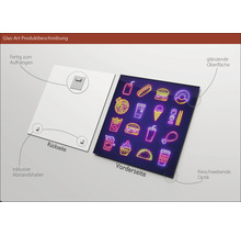Glasbild mit Lebensmittel-Motiven, inklusive Wandhalterung und Abstandshalter.