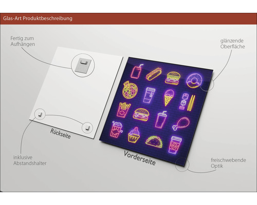 Glasbild mit Lebensmittel-Motiven, inklusive Wandhalterung und Abstandshalter.
