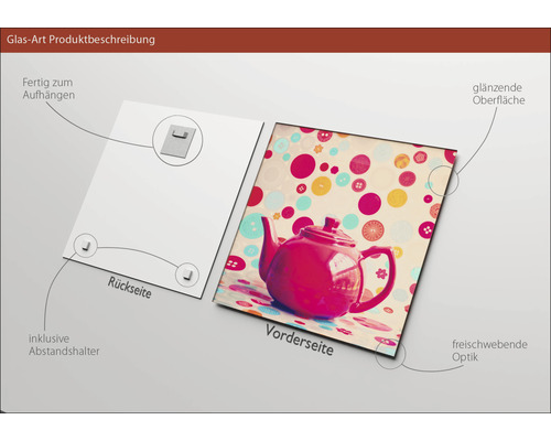 Glasbild mit Teekannenmotiv, inklusive Wandhalterung für die einfache Montage