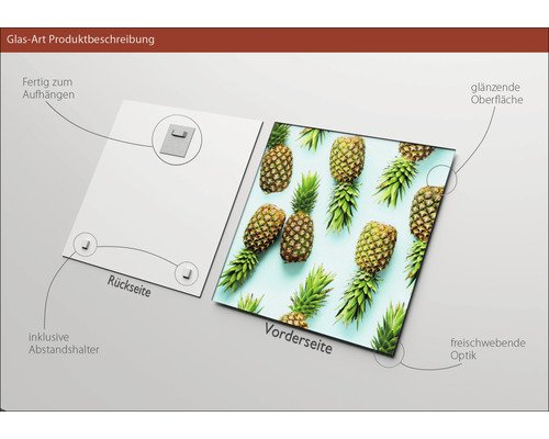Glasbild mit Ananas Motiv, glänzender Oberfläche und Aufhängung