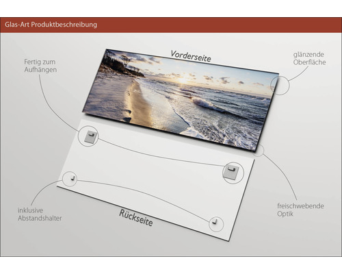 Glasbild mit Strandmotiv, inklusive Abstandshalter und glänzender Oberfläche, fertig zum Aufhängen