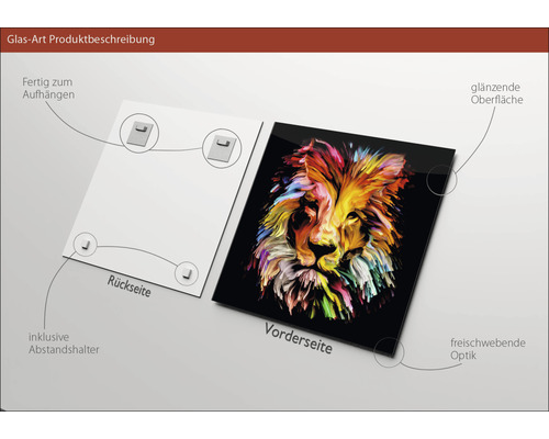 Glasbild mit abstraktem Löwenmotiv, inklusive Aufhängung und Abstandshalter