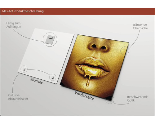 Glasbild mit glänzender Oberfläche und Motiv einer goldenen Frau, inklusive Abstandshalter und Aufhängevorrichtung