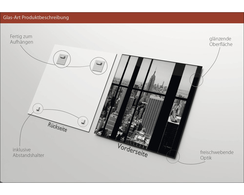Glasbild mit New York Skyline, inklusive Halterung, glänzende Oberfläche
