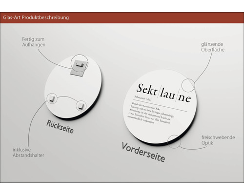 Glasbild mit der Definition von Sektlaune, inklusive Aufhängung und Abstandshalter