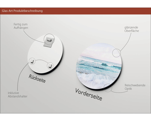 Glasbild mit glänzender Oberfläche, inklusive Abstandshalter, fertig zum Aufhängen, freischwebende Optik