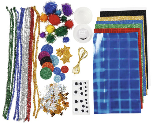 Bastelset mit Pfeifenreinigern, Pompons, Glitterpapier, Wackelaugen und Zubehör für kreative Projekte