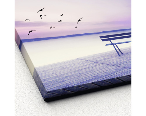 Leinwandbild mit einer Bank am See und fliegenden Vögeln
