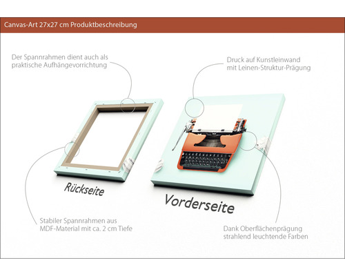 Leinwandbild 27x27 cm mit einer Abbildung einer Schreibmaschine, Rückseite mit MDF Rahmen