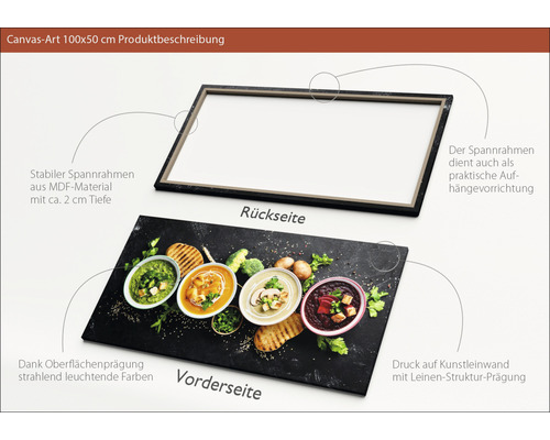 Canvasbild 100x50 cm mit einer Abbildung von verschiedenen Suppen auf einem dunklen Teller, montiert auf einem MDF Rahmen.